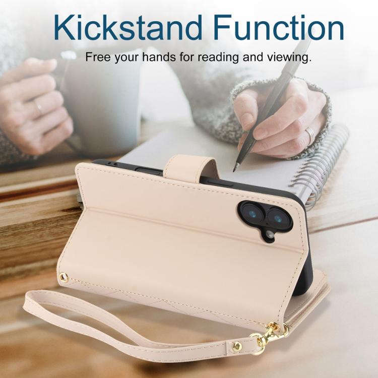 For iPhone 16 Plus YM016 Rhombic Zipper Card Wallet Leather Phone Case with Lanyard(Apricot) - iPhone 16 Plus Cases by buy2fix | Online Shopping UK | buy2fix