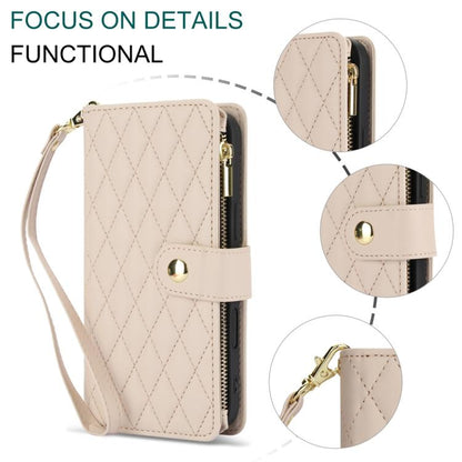 For iPhone 16 Plus YM016 Rhombic Zipper Card Wallet Leather Phone Case with Lanyard(Apricot) - iPhone 16 Plus Cases by buy2fix | Online Shopping UK | buy2fix