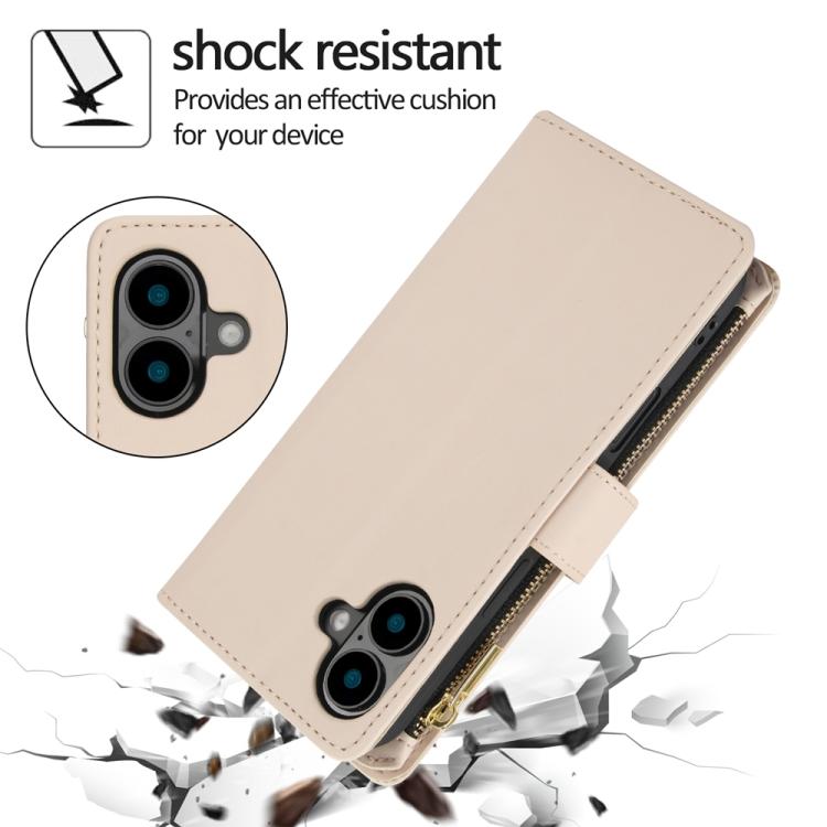 For iPhone 16 Plus YM016 Rhombic Zipper Card Wallet Leather Phone Case with Lanyard(Apricot) - iPhone 16 Plus Cases by buy2fix | Online Shopping UK | buy2fix