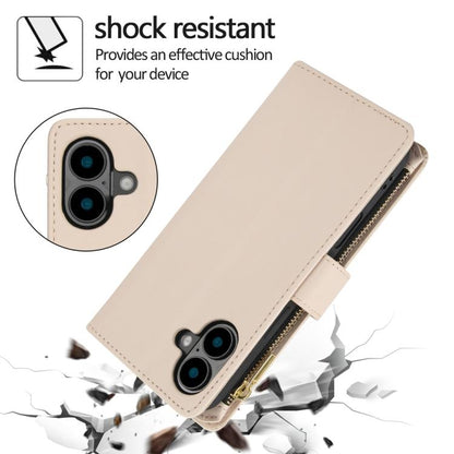 For iPhone 16 Plus YM016 Rhombic Zipper Card Wallet Leather Phone Case with Lanyard(Apricot) - iPhone 16 Plus Cases by buy2fix | Online Shopping UK | buy2fix