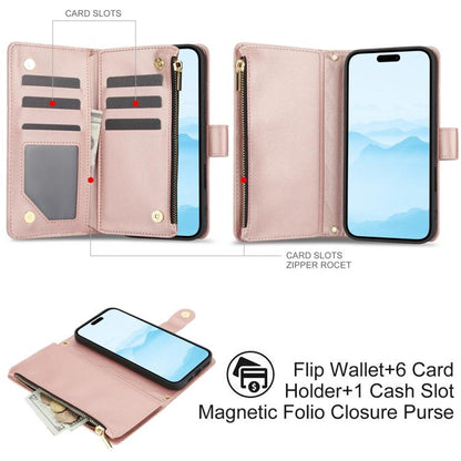 For iPhone 16 Plus YM016 Rhombic Zipper Card Wallet Leather Phone Case with Lanyard(Rose Gold) - iPhone 16 Plus Cases by buy2fix | Online Shopping UK | buy2fix