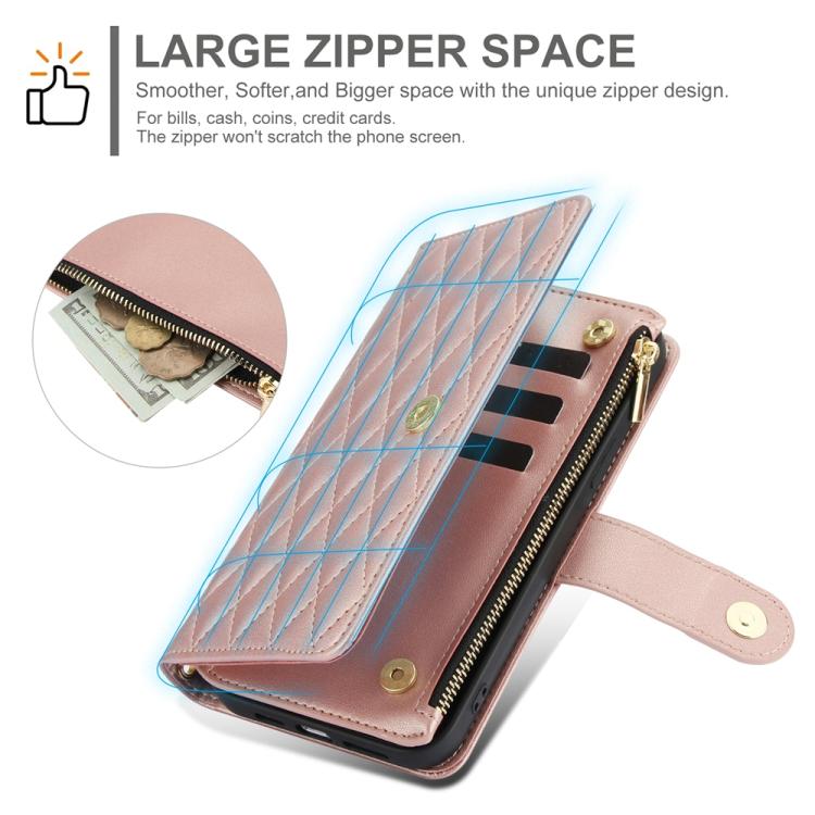 For iPhone 16 Plus YM016 Rhombic Zipper Card Wallet Leather Phone Case with Lanyard(Rose Gold) - iPhone 16 Plus Cases by buy2fix | Online Shopping UK | buy2fix