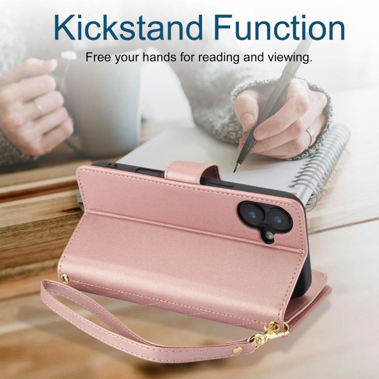 For iPhone 16 Plus YM016 Rhombic Zipper Card Wallet Leather Phone Case with Lanyard(Rose Gold) - iPhone 16 Plus Cases by buy2fix | Online Shopping UK | buy2fix