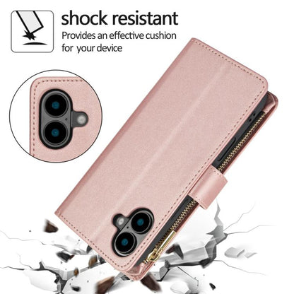 For iPhone 16 Plus YM016 Rhombic Zipper Card Wallet Leather Phone Case with Lanyard(Rose Gold) - iPhone 16 Plus Cases by buy2fix | Online Shopping UK | buy2fix