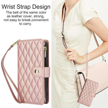 For iPhone 16 Plus YM016 Rhombic Zipper Card Wallet Leather Phone Case with Lanyard(Rose Gold) - iPhone 16 Plus Cases by buy2fix | Online Shopping UK | buy2fix