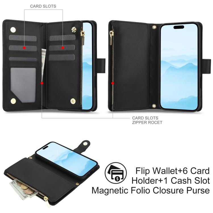For iPhone 16 Plus YM016 Rhombic Zipper Card Wallet Leather Phone Case with Lanyard(Black) - iPhone 16 Plus Cases by buy2fix | Online Shopping UK | buy2fix