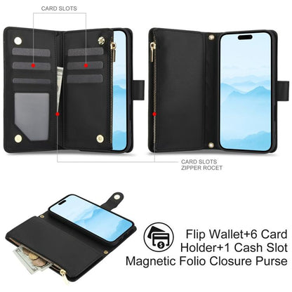 For iPhone 16 Plus YM016 Rhombic Zipper Card Wallet Leather Phone Case with Lanyard(Black) - iPhone 16 Plus Cases by buy2fix | Online Shopping UK | buy2fix