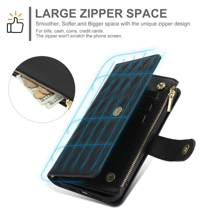 For iPhone 16 Plus YM016 Rhombic Zipper Card Wallet Leather Phone Case with Lanyard(Black) - iPhone 16 Plus Cases by buy2fix | Online Shopping UK | buy2fix