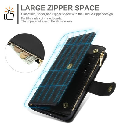 For iPhone 16 Plus YM016 Rhombic Zipper Card Wallet Leather Phone Case with Lanyard(Black) - iPhone 16 Plus Cases by buy2fix | Online Shopping UK | buy2fix