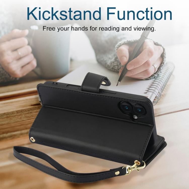 For iPhone 16 Plus YM016 Rhombic Zipper Card Wallet Leather Phone Case with Lanyard(Black) - iPhone 16 Plus Cases by buy2fix | Online Shopping UK | buy2fix