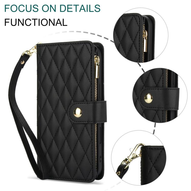 For iPhone 16 Plus YM016 Rhombic Zipper Card Wallet Leather Phone Case with Lanyard(Black) - iPhone 16 Plus Cases by buy2fix | Online Shopping UK | buy2fix