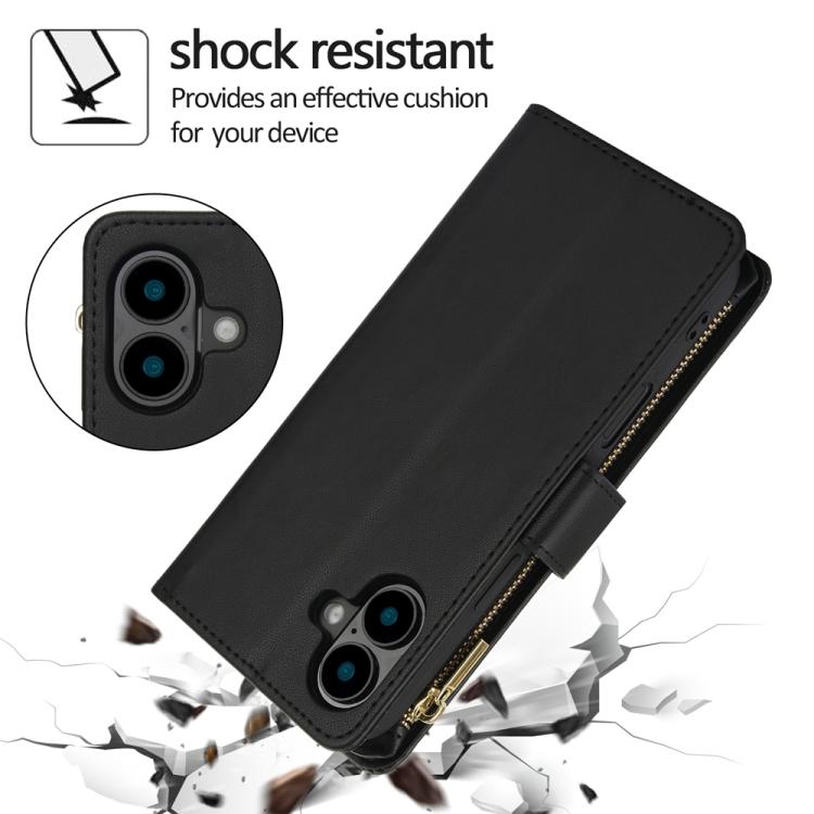 For iPhone 16 Plus YM016 Rhombic Zipper Card Wallet Leather Phone Case with Lanyard(Black) - iPhone 16 Plus Cases by buy2fix | Online Shopping UK | buy2fix