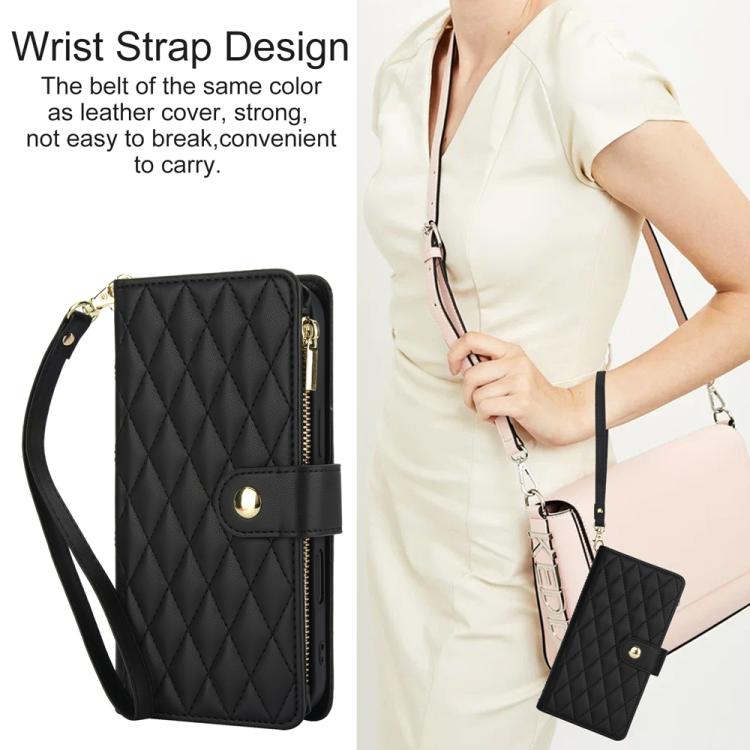 For iPhone 16 Plus YM016 Rhombic Zipper Card Wallet Leather Phone Case with Lanyard(Black) - iPhone 16 Plus Cases by buy2fix | Online Shopping UK | buy2fix