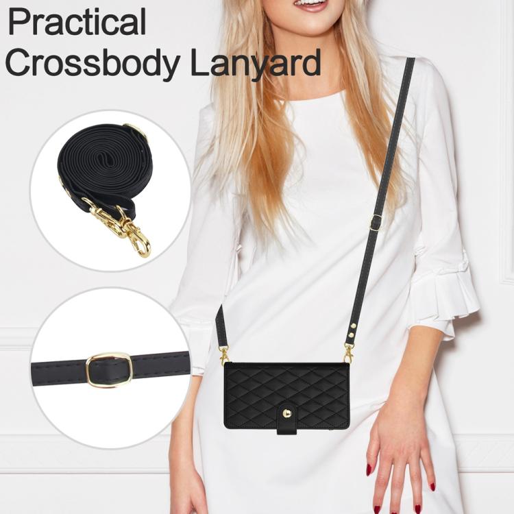 For iPhone 16 Plus YM016 Rhombic Zipper Card Wallet Leather Phone Case with Lanyard(Black) - iPhone 16 Plus Cases by buy2fix | Online Shopping UK | buy2fix