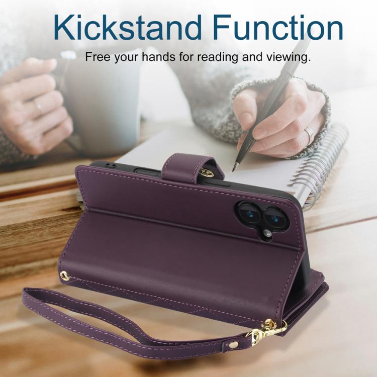 For iPhone 16 YM016 Rhombic Zipper Card Wallet Leather Phone Case with Lanyard(Dark Purple) - iPhone 16 Cases by buy2fix | Online Shopping UK | buy2fix