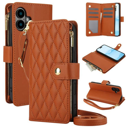 For iPhone 16 YM016 Rhombic Zipper Card Wallet Leather Phone Case with Lanyard(Brown) - iPhone 16 Cases by buy2fix | Online Shopping UK | buy2fix