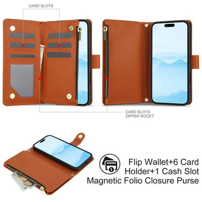 For iPhone 16 YM016 Rhombic Zipper Card Wallet Leather Phone Case with Lanyard(Brown) - iPhone 16 Cases by buy2fix | Online Shopping UK | buy2fix