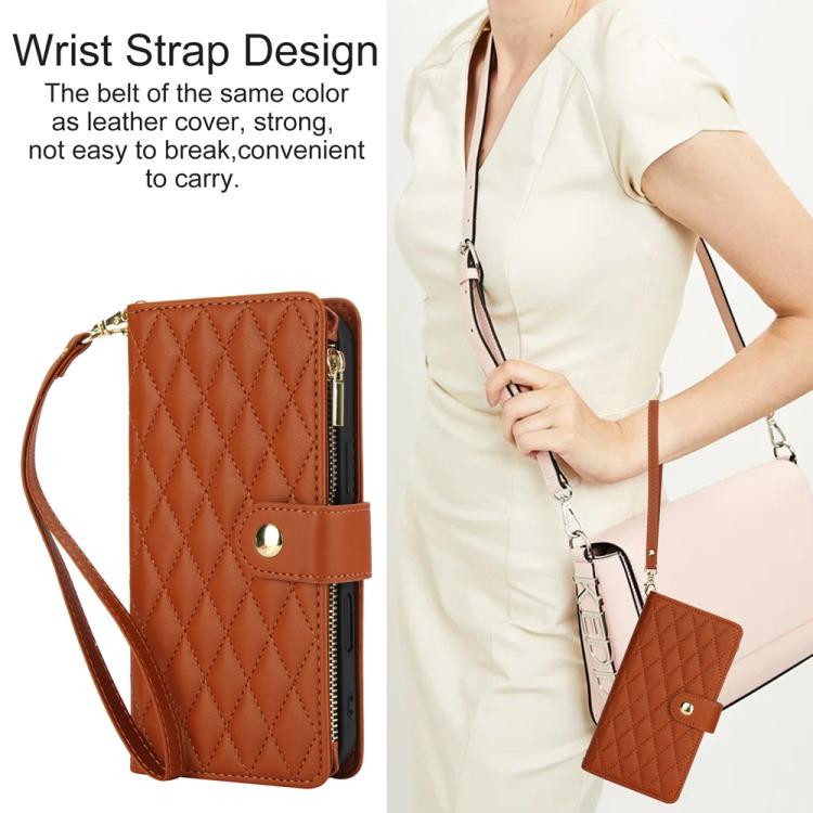 For iPhone 16 YM016 Rhombic Zipper Card Wallet Leather Phone Case with Lanyard(Brown) - iPhone 16 Cases by buy2fix | Online Shopping UK | buy2fix