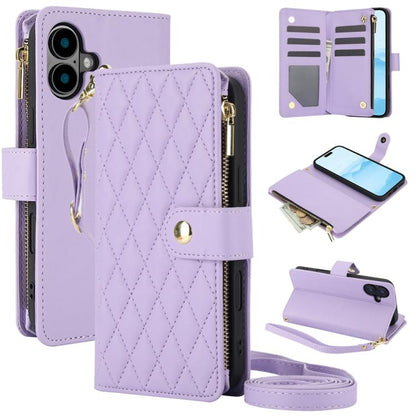 For iPhone 16 YM016 Rhombic Zipper Card Wallet Leather Phone Case with Lanyard(Light Purple) - iPhone 16 Cases by buy2fix | Online Shopping UK | buy2fix