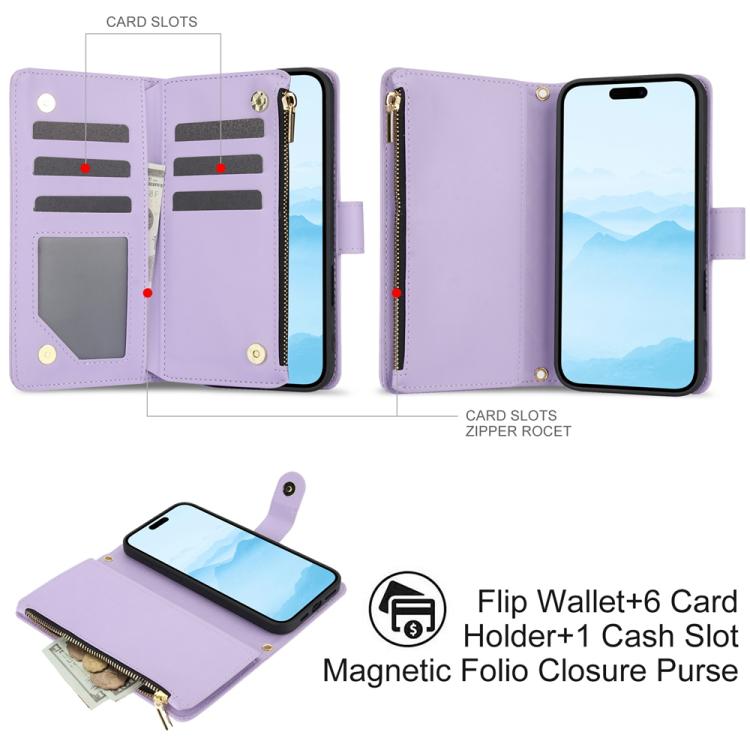 For iPhone 16 YM016 Rhombic Zipper Card Wallet Leather Phone Case with Lanyard(Light Purple) - iPhone 16 Cases by buy2fix | Online Shopping UK | buy2fix