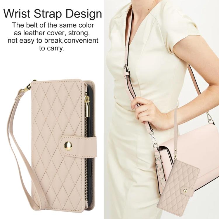 For iPhone 16 YM016 Rhombic Zipper Card Wallet Leather Phone Case with Lanyard(Apricot) - iPhone 16 Cases by buy2fix | Online Shopping UK | buy2fix