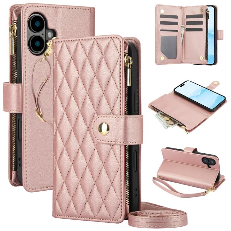 For iPhone 16 YM016 Rhombic Zipper Card Wallet Leather Phone Case with Lanyard(Rose Gold) - iPhone 16 Cases by buy2fix | Online Shopping UK | buy2fix