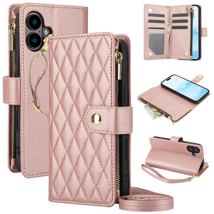 For iPhone 16 YM016 Rhombic Zipper Card Wallet Leather Phone Case with Lanyard(Rose Gold) - iPhone 16 Cases by buy2fix | Online Shopping UK | buy2fix