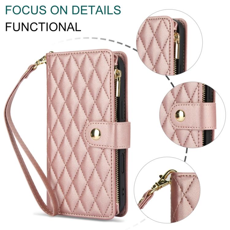 For iPhone 16 YM016 Rhombic Zipper Card Wallet Leather Phone Case with Lanyard(Rose Gold) - iPhone 16 Cases by buy2fix | Online Shopping UK | buy2fix