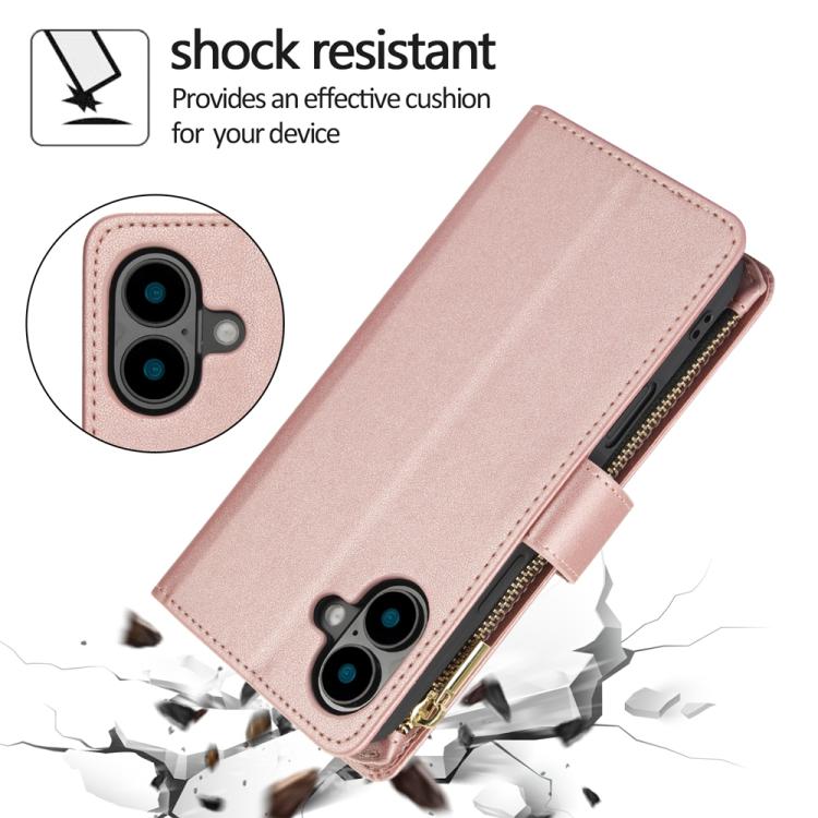 For iPhone 16 YM016 Rhombic Zipper Card Wallet Leather Phone Case with Lanyard(Rose Gold) - iPhone 16 Cases by buy2fix | Online Shopping UK | buy2fix