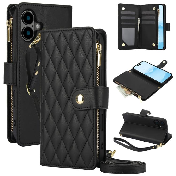 For iPhone 16 YM016 Rhombic Zipper Card Wallet Leather Phone Case with Lanyard(Black) - iPhone 16 Cases by buy2fix | Online Shopping UK | buy2fix