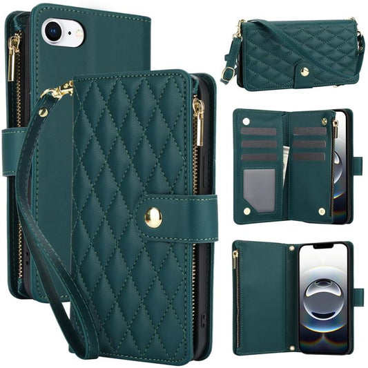 For iPhone 16e YM016 Rhombic Zipper Card Wallet Leather Phone Case with Lanyard(Green) - iPhone 16e Cases by buy2fix | Online Shopping UK | buy2fix