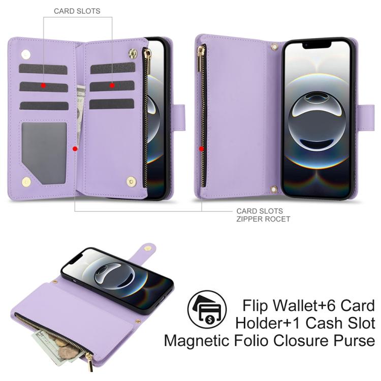 For iPhone 16e YM016 Rhombic Zipper Card Wallet Leather Phone Case with Lanyard(Light Purple) - iPhone 16e Cases by buy2fix | Online Shopping UK | buy2fix