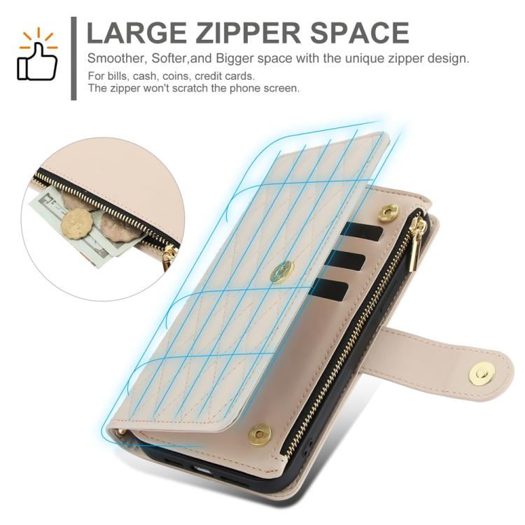 For iPhone 16e YM016 Rhombic Zipper Card Wallet Leather Phone Case with Lanyard(Apricot) - iPhone 16e Cases by buy2fix | Online Shopping UK | buy2fix