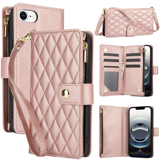 For iPhone 16e YM016 Rhombic Zipper Card Wallet Leather Phone Case with Lanyard(Rose Gold) - iPhone 16e Cases by buy2fix | Online Shopping UK | buy2fix