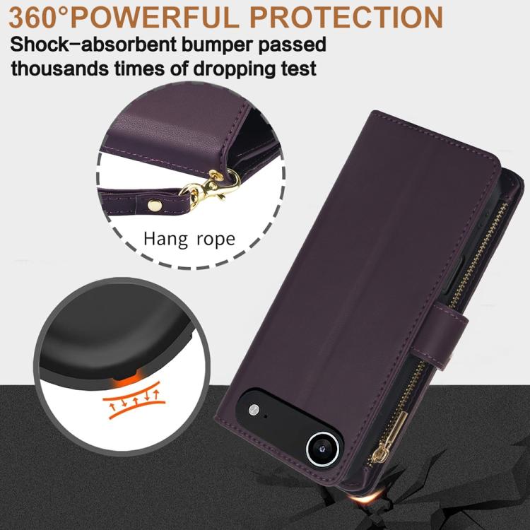 For iPhone Air YM016 Rhombic Zipper Card Wallet Leather Phone Case with Lanyard(Dark Purple) - iPhone Air Cases by buy2fix | Online Shopping UK | buy2fix