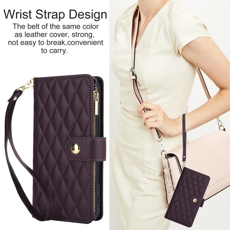 For iPhone Air YM016 Rhombic Zipper Card Wallet Leather Phone Case with Lanyard(Dark Purple) - iPhone Air Cases by buy2fix | Online Shopping UK | buy2fix