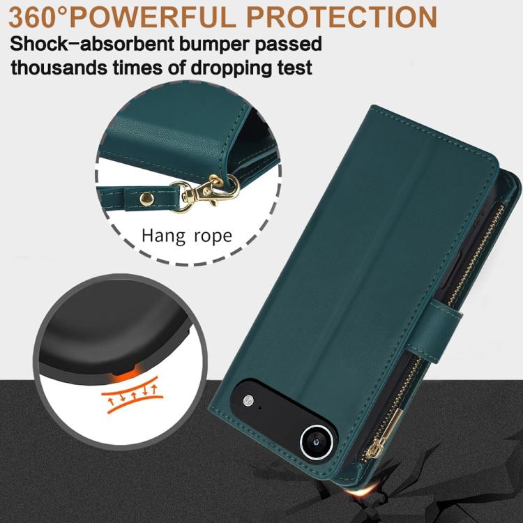 For iPhone Air YM016 Rhombic Zipper Card Wallet Leather Phone Case with Lanyard(Green) - iPhone Air Cases by buy2fix | Online Shopping UK | buy2fix