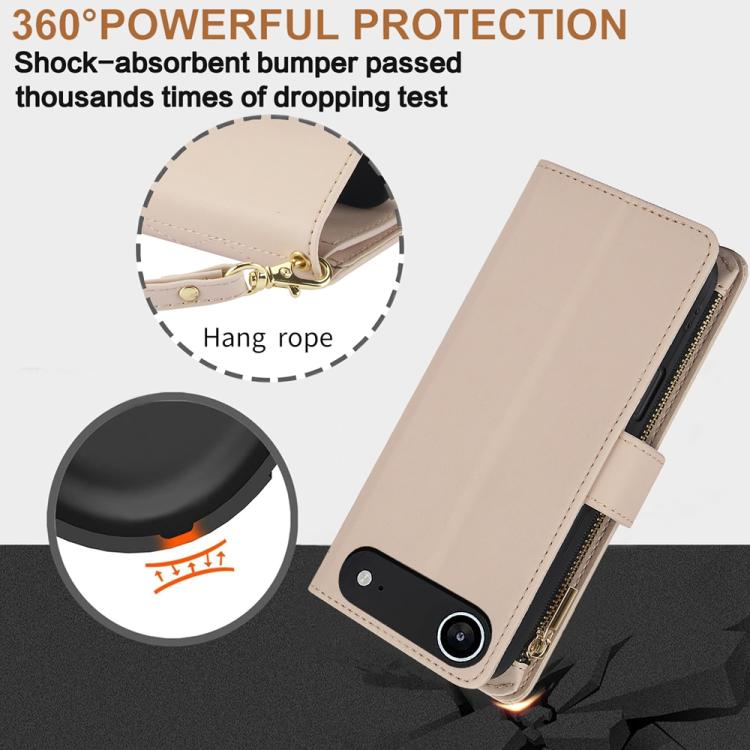 For iPhone Air YM016 Rhombic Zipper Card Wallet Leather Phone Case with Lanyard(Apricot) - iPhone Air Cases by buy2fix | Online Shopping UK | buy2fix