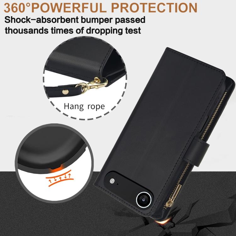 For iPhone Air YM016 Rhombic Zipper Card Wallet Leather Phone Case with Lanyard(Black) - iPhone Air Cases by buy2fix | Online Shopping UK | buy2fix