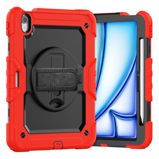 For iPad Air 11 2026 / 2025 / 2024 Turntable Holder Silicone Hybrid PC Tablet Case with Shoulder Strap(Red)