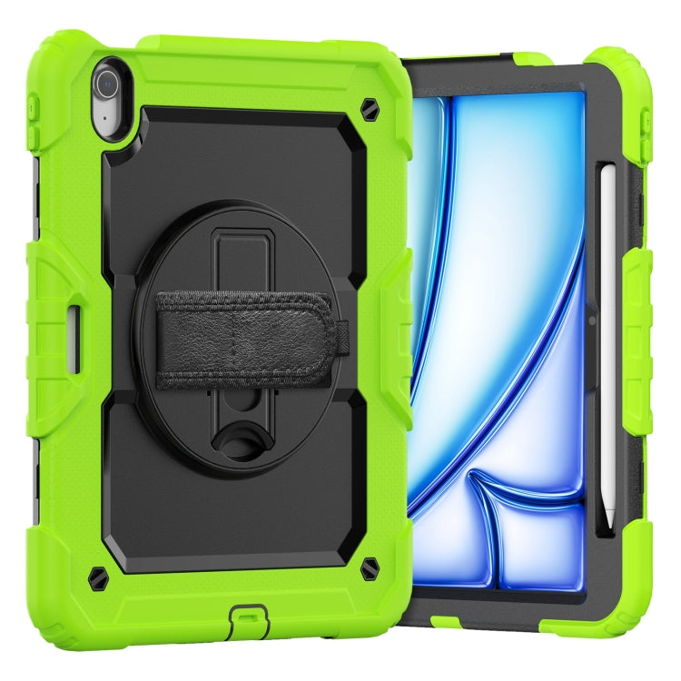 For iPad Air 11 2025 / 2024 Turntable Holder Silicone Hybrid PC Tablet Case with Shoulder Strap(Black + Yellow Green) by buy2fix