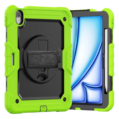 For iPad Air 11 2025 / 2024 Turntable Holder Silicone Hybrid PC Tablet Case with Shoulder Strap(Black + Yellow Green) by buy2fix