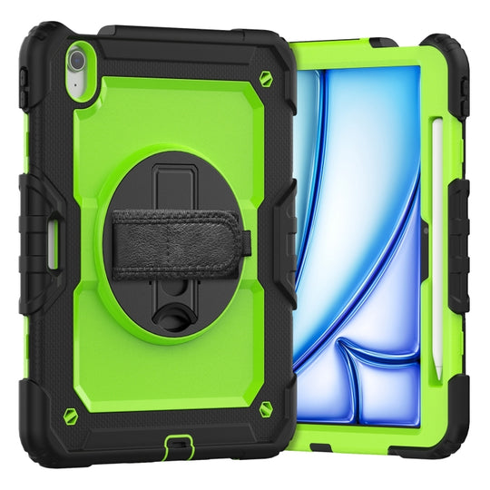 For iPad Air 11 2026 / 2025 / 2024 Turntable Holder Silicone Hybrid PC Tablet Case with Shoulder Strap(Yellow Green + Black)