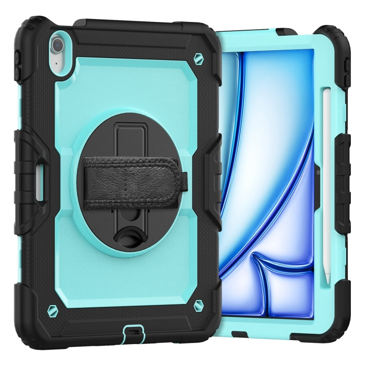 For iPad Air 11 2025 / 2024 Turntable Holder Silicone Hybrid PC Tablet Case with Shoulder Strap(Black + Light Blue) by buy2fix
