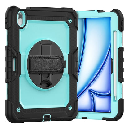 For iPad Air 11 2025 / 2024 Turntable Holder Silicone Hybrid PC Tablet Case with Shoulder Strap(Black + Light Blue) by buy2fix