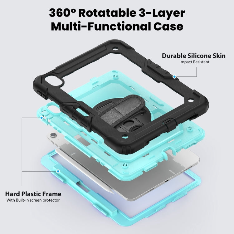 For iPad Air 11 2025 / 2024 Turntable Holder Silicone Hybrid PC Tablet Case with Shoulder Strap(Black + Light Blue) by buy2fix