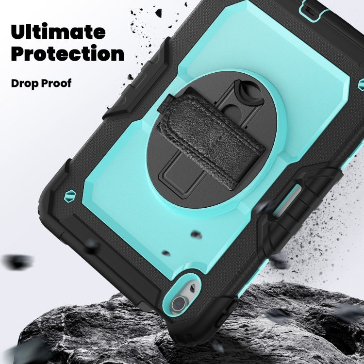 For iPad Air 11 2025 / 2024 Turntable Holder Silicone Hybrid PC Tablet Case with Shoulder Strap(Black + Light Blue) by buy2fix
