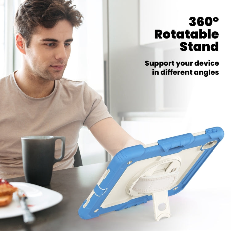 For iPad Air 11 2025 / 2024 Turntable Holder Silicone Hybrid PC Tablet Case with Shoulder Strap(Beige + Cyan-blue) by buy2fix