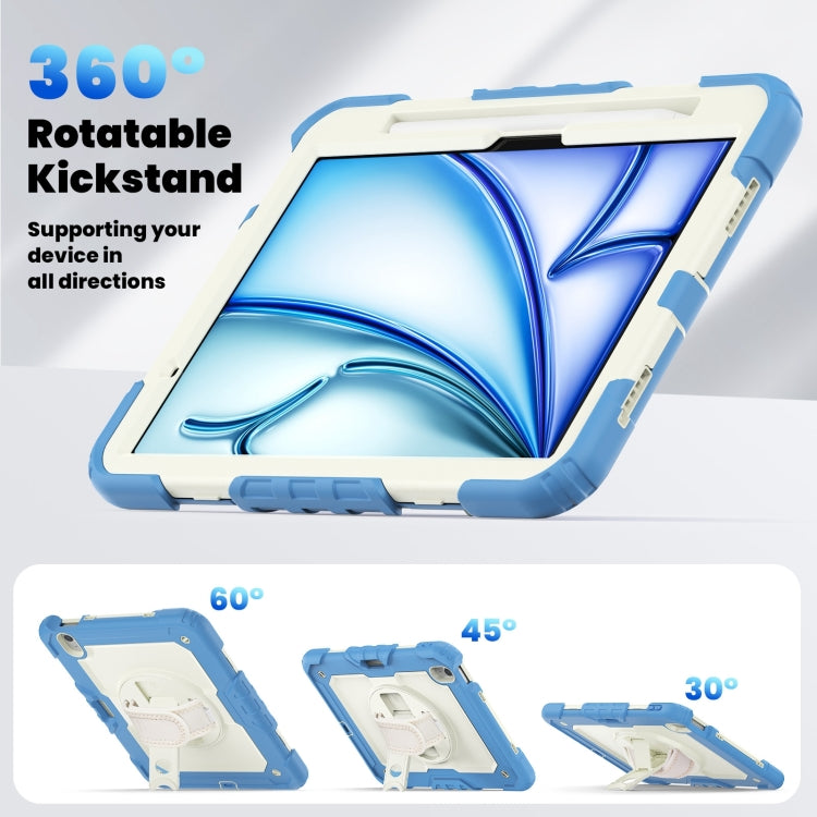 For iPad Air 11 2025 / 2024 Turntable Holder Silicone Hybrid PC Tablet Case with Shoulder Strap(Beige + Cyan-blue) by buy2fix