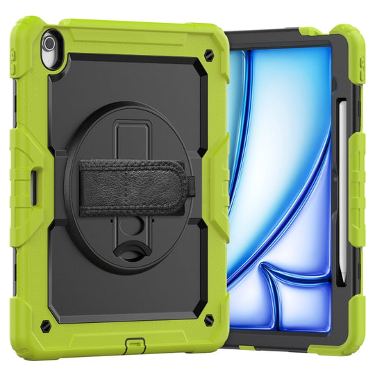 For iPad Air 13 2026 / 2025 / 2024 Turntable Holder Silicone Hybrid PC Tablet Case with Shoulder Strap(Black + Yellow Green)